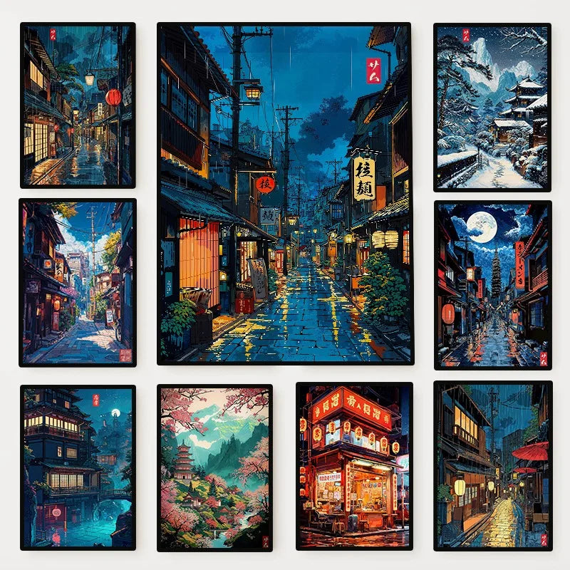 A collection of nine vertical paintings depicting atmospheric Japanese city streets and traditional architecture.