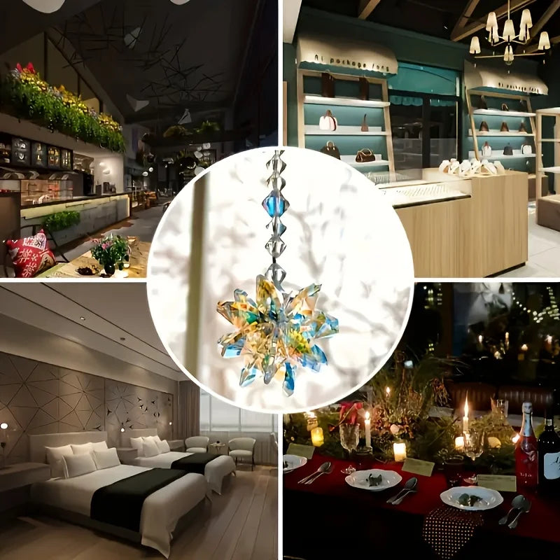A sparkling crystal star suncatcher ornament hanging in a light, modern interior setting.