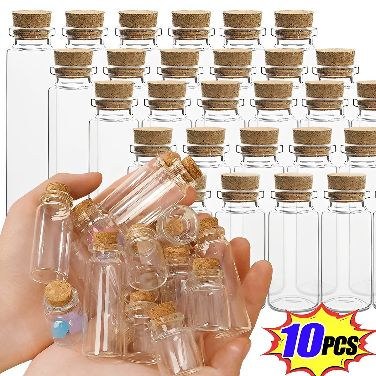 A hand holds a collection of small glass vials with cork stoppers, arranged in rows.