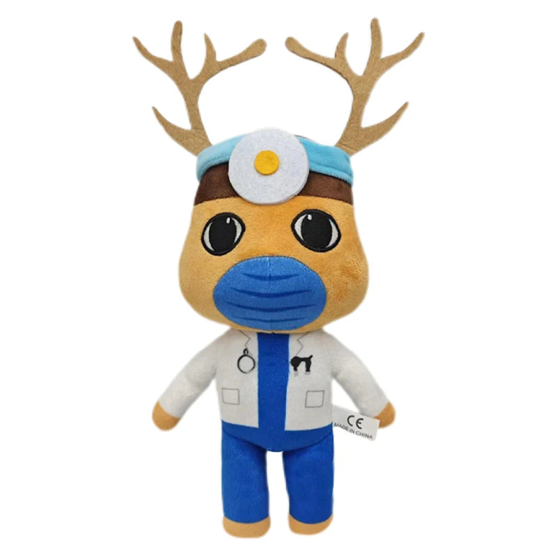 A plush toy set featuring an animal doctor character with antlers and a blue mask.