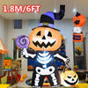 An inflatable Halloween pumpkin decoration with a witch hat and skeleton costume.