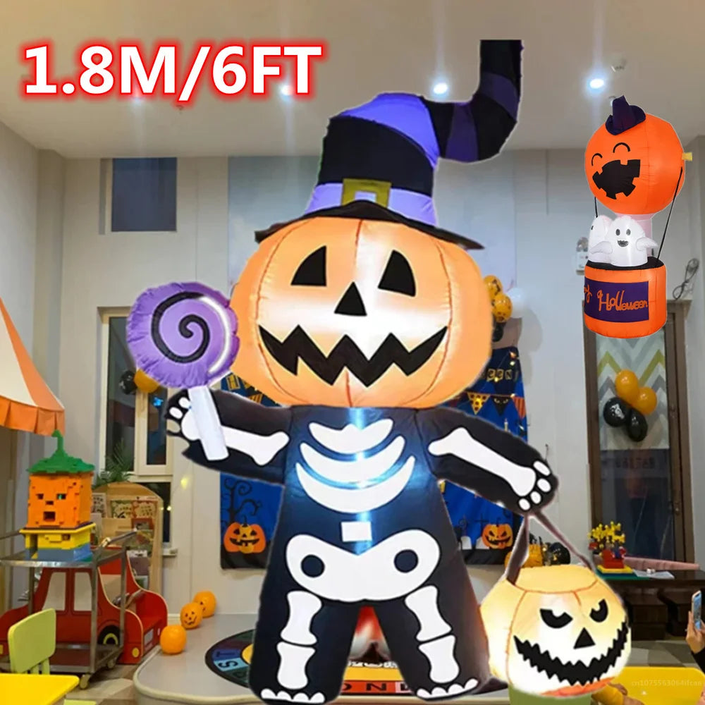 An inflatable Halloween pumpkin decoration with a witch hat and skeleton costume.