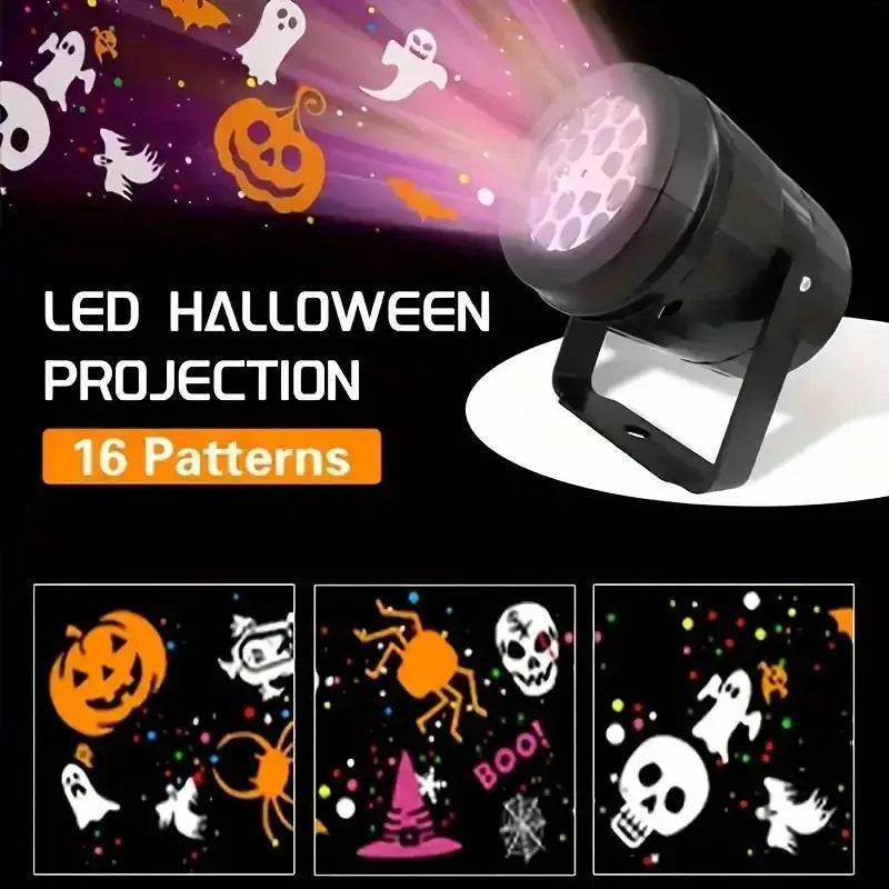 LED Halloween projection light showing 16 patterns of spooky shapes and designs.