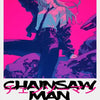 A stylized anime illustration of a woman with long light blue hair and dark clothing against a vibrant pink background.