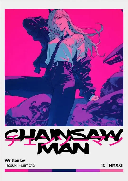 A stylized anime illustration of a woman with long light blue hair and dark clothing against a vibrant pink background.