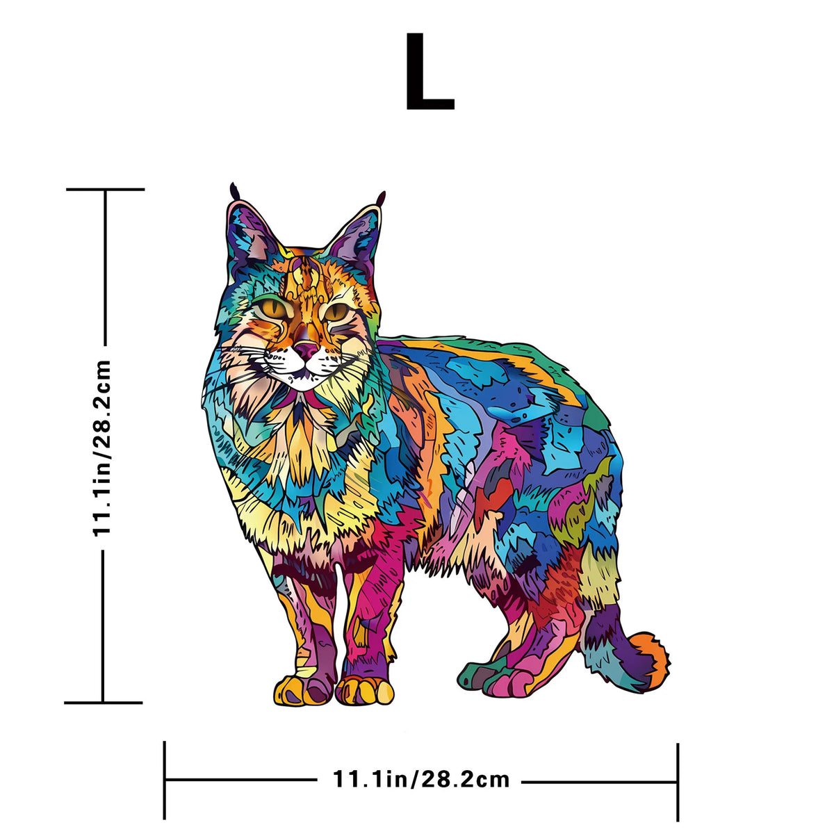 A colorful cat-shaped wooden jigsaw puzzle featuring an irregular design for relaxation and decor.