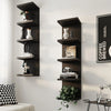 A dark wood five-tier wall-mounted storage shelf displaying various decorative items and books.