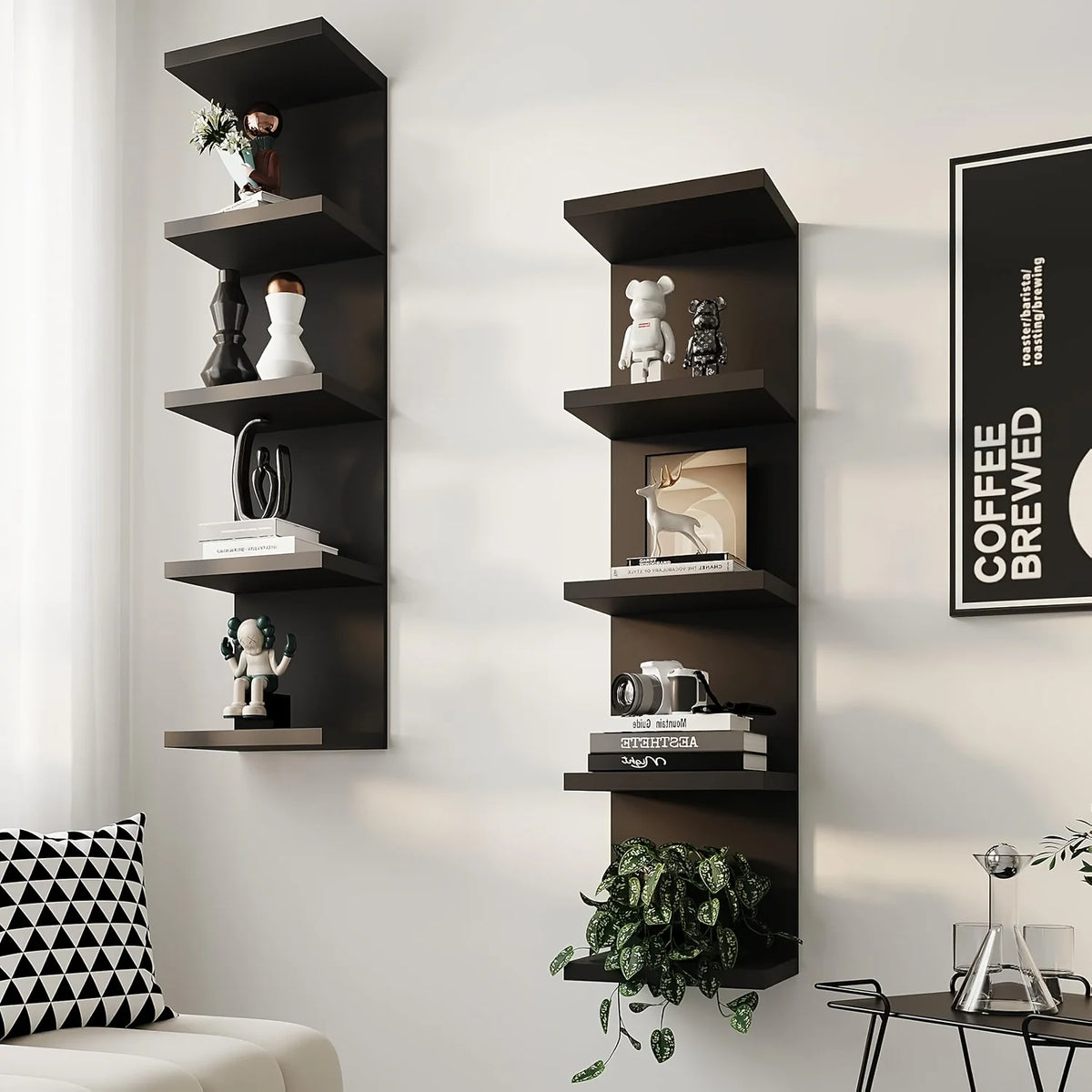 A dark wood five-tier wall-mounted storage shelf displaying various decorative items and books.