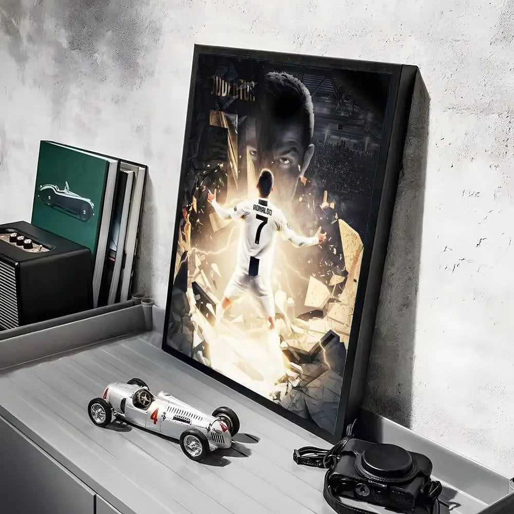 A framed canvas art poster featuring a portrait of Ronaldo in a white football kit.