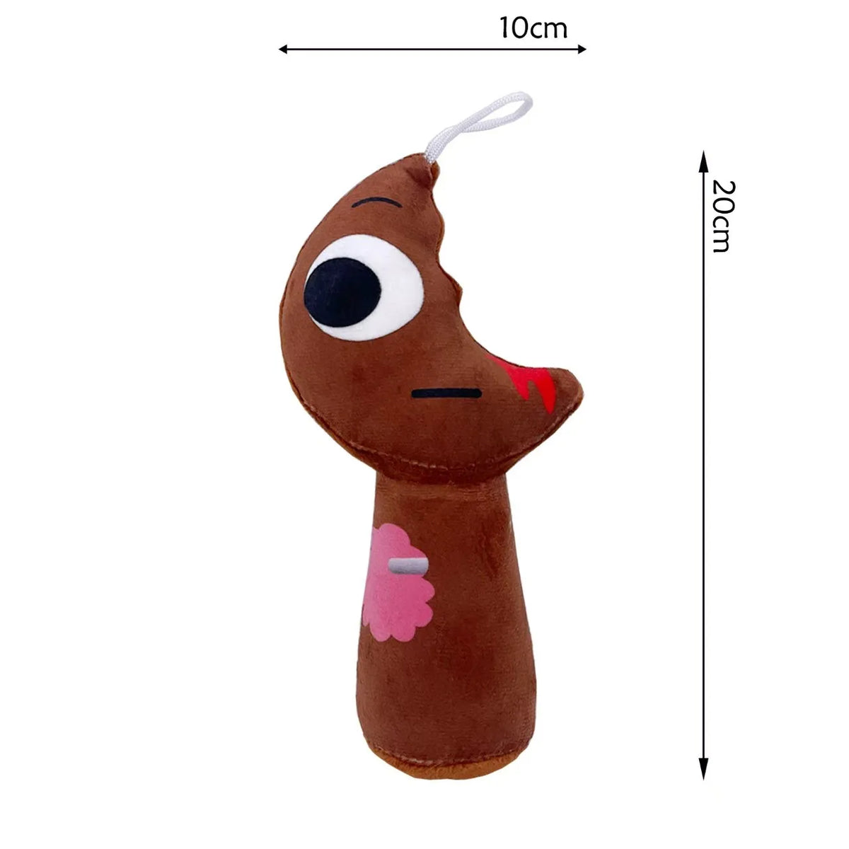 A brown plush toy shaped like a finger with a large eye and a red mark on the tip.