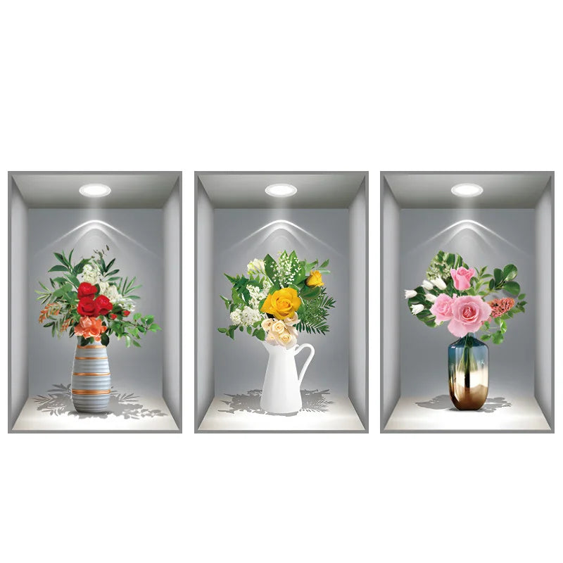 Trois panneaux présentent des autocollants floraux 3D avec diverses fleurs dans des vases en verre et en céramique pour la dé