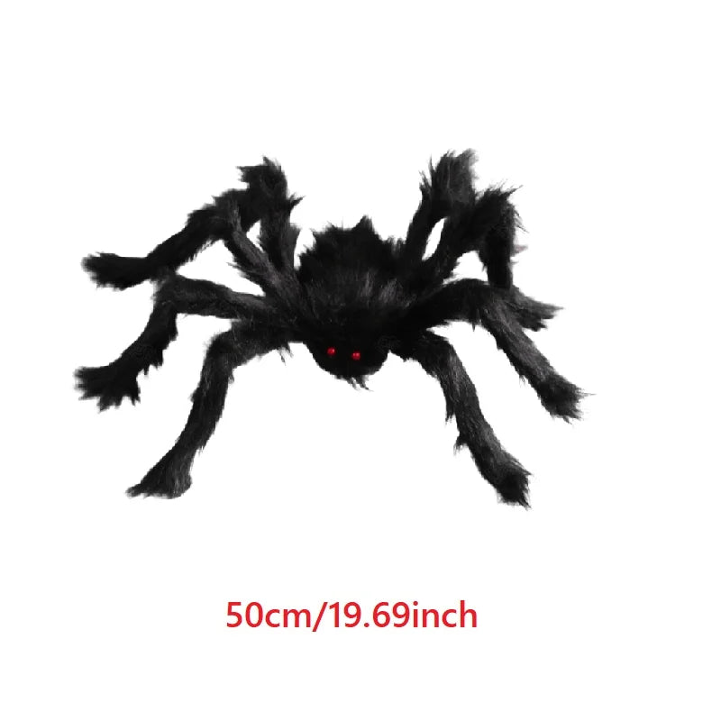 A black plush spider decoration used for Halloween