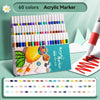 A set of 60 colored acrylic markers arranged in a plastic case with an open marker shown next to them.