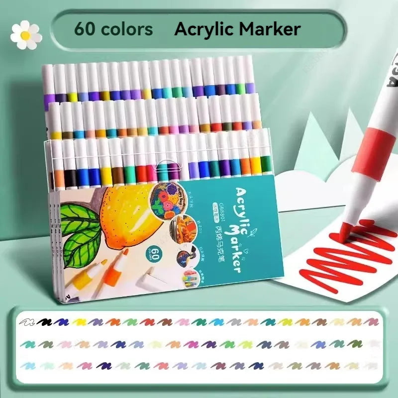 A set of 60 colored acrylic markers arranged in a plastic case with an open marker shown next to them.