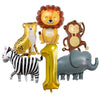Jungle safari birthday decor set featuring foil balloons of a lion, elephant, and zebra