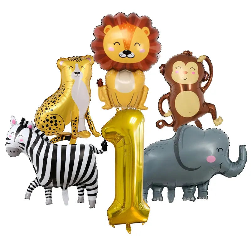 Jungle safari birthday decor set featuring foil balloons of a lion, elephant, and zebra