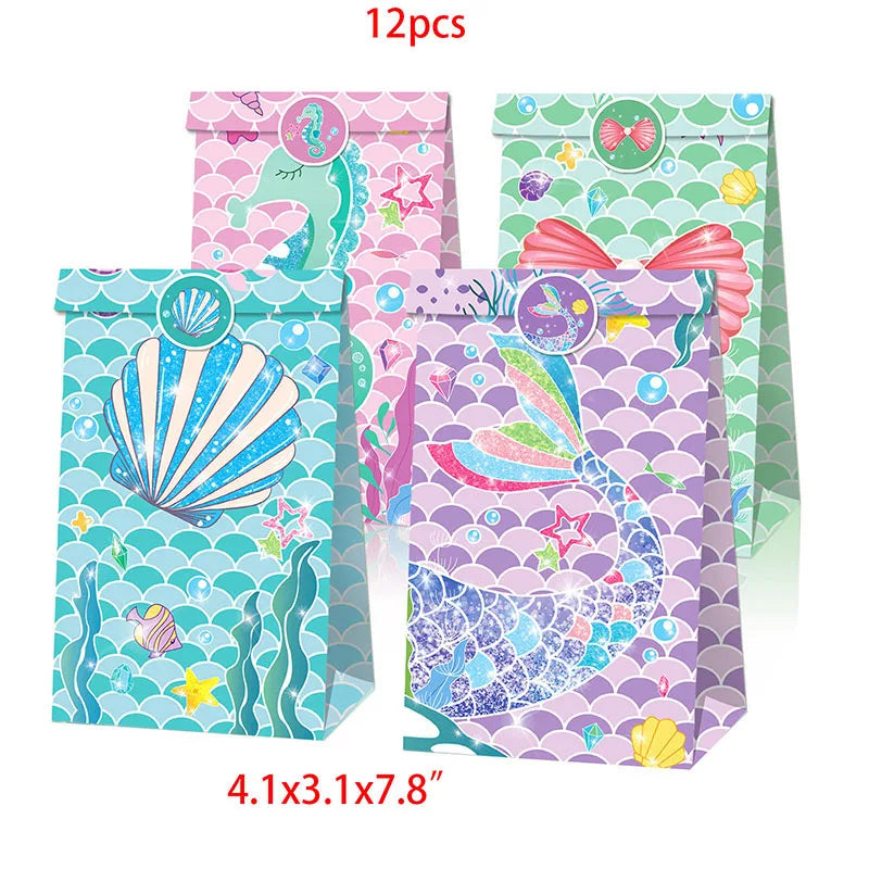 A set of 12 colorful mermaid-themed party favors and decorations in pink, teal, and green packaging.
