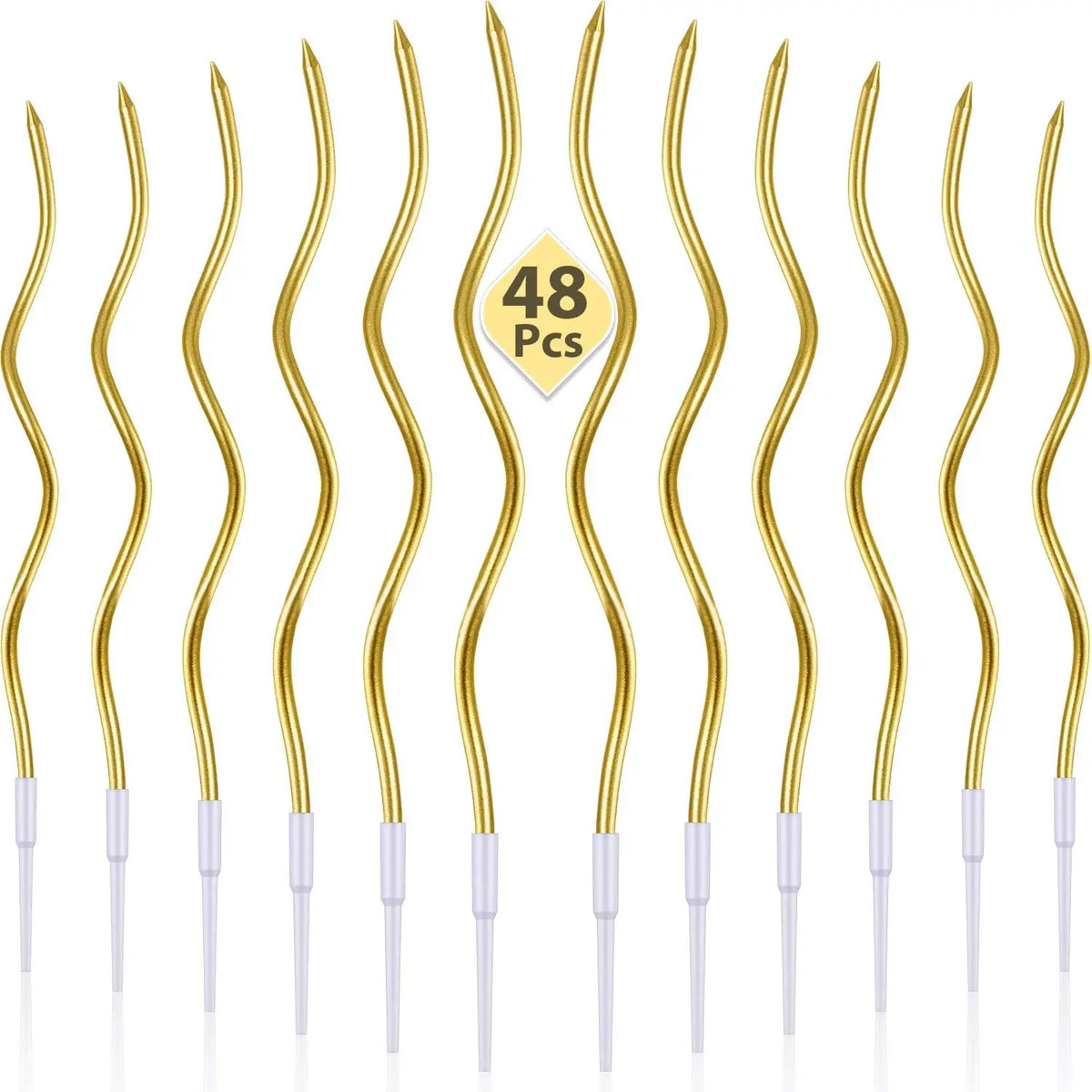 A set of 48 gold spiral birthday cake candles with star toppers.