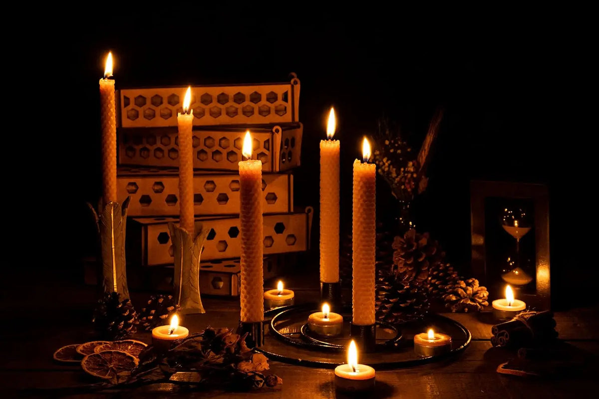 Hand-Rolled Beeswax Taper Candles with Honeycomb Design