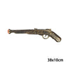 A dark, antique-style pirate pistol prop with decorative carvings.