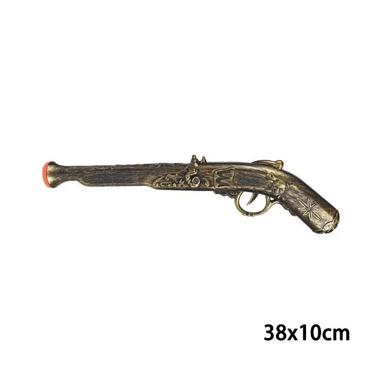 A dark, antique-style pirate pistol prop with decorative carvings.