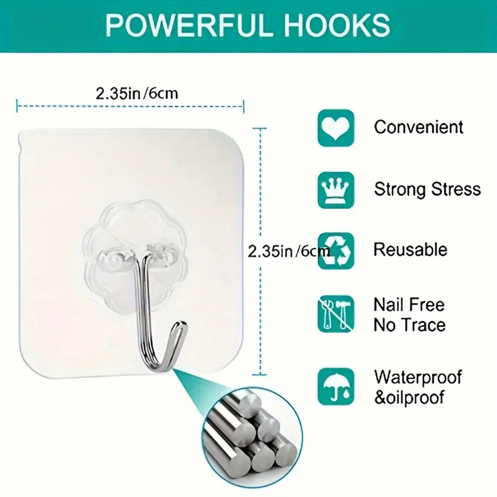 A set of heavy duty self-adhesive wall hooks shown with various features like convenience, strong stress, reusability, and wa