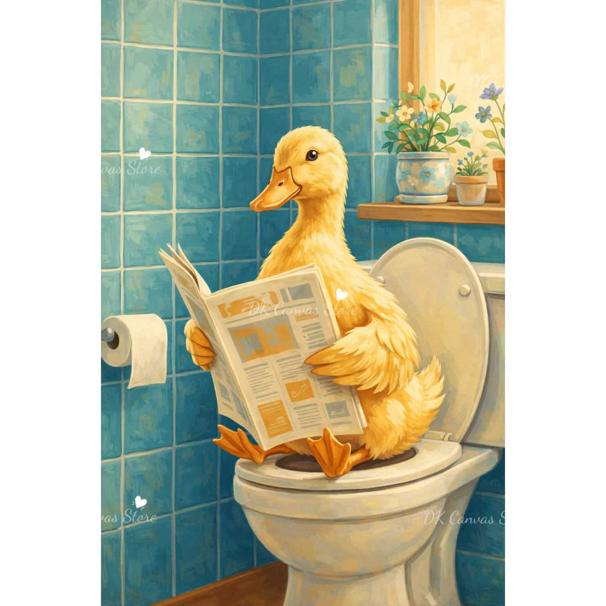 A yellow duck sits on a toilet, reading a newspaper against a blue tiled wall.