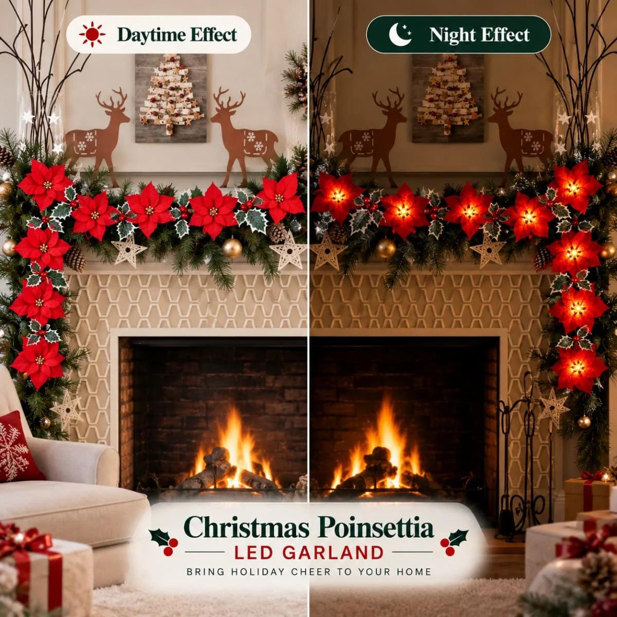 Christmas poinsettia led garland with warm white lights decorating a fireplace mantel and surrounding holiday decor