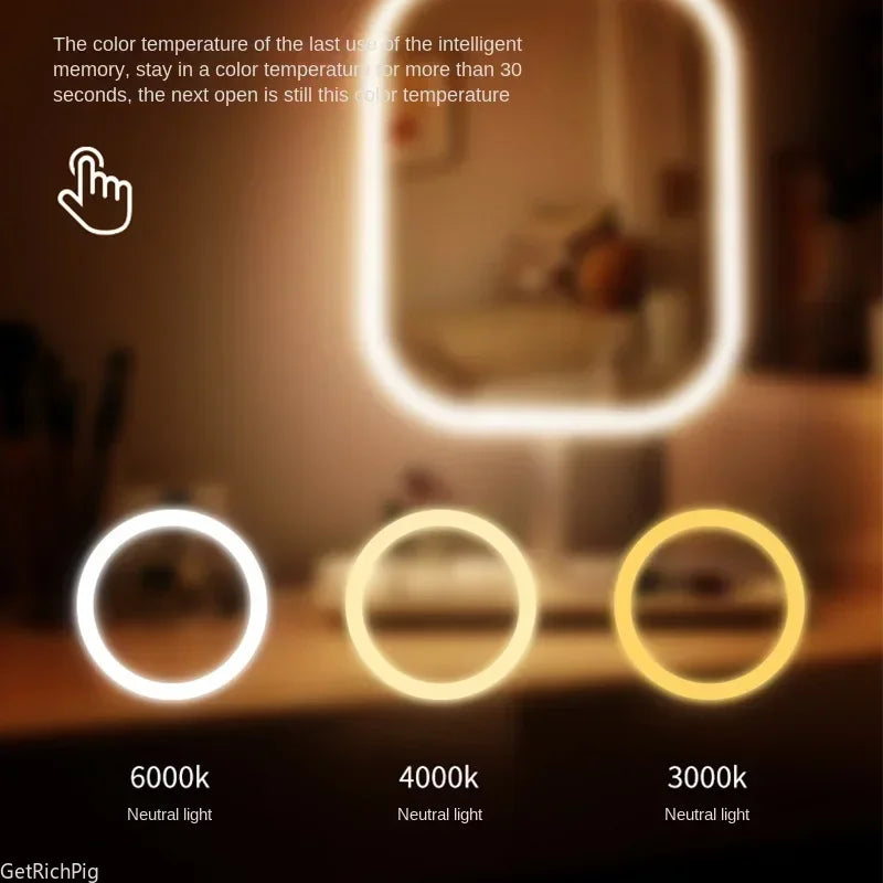 A close-up of a smart LED makeup vanity mirror displaying different color temperatures for light.