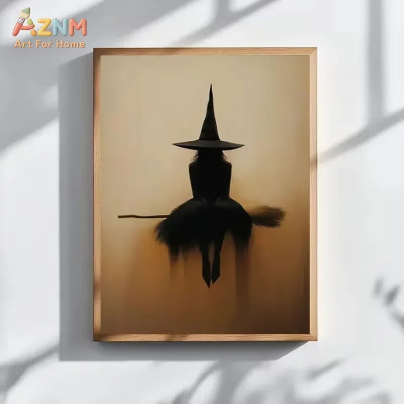 Minimalist witch silhouette wall art featuring a black witch figure on a broomstick against a warm, golden background.