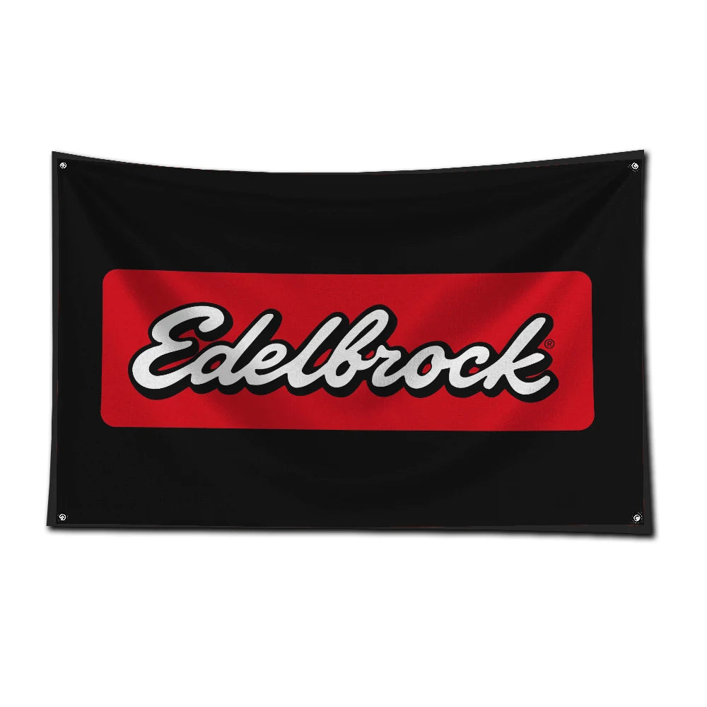 Black flag with a red rectangular patch featuring the white text Edelbrock.