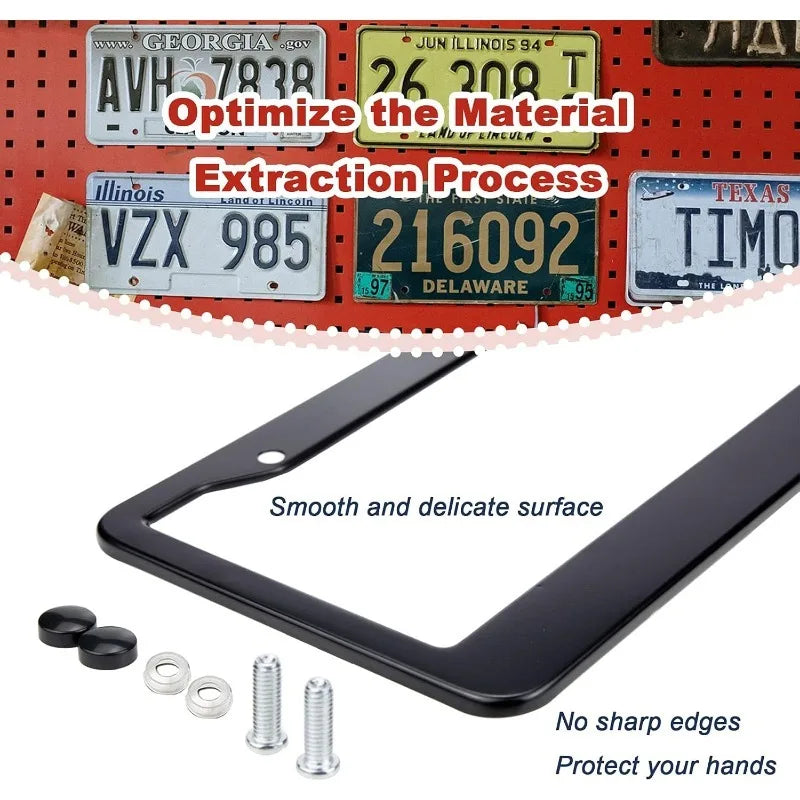 Black stainless steel license plate frame with screw covers and protective edges