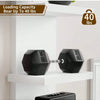 Black dumbbells with 20 kg markings are displayed on a white shelf.