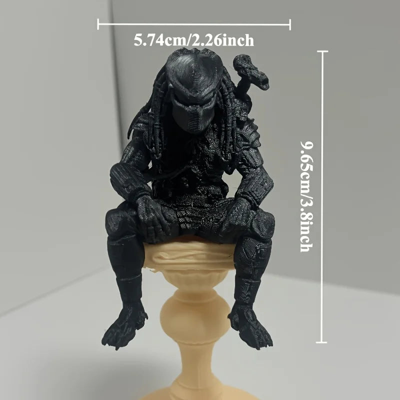 A dark sci-fi figurine of an interstellar hunter seated on a pedestal, measuring 9.65 cm tall.