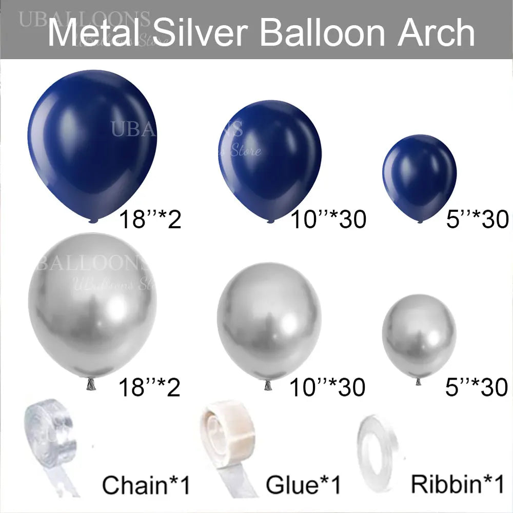 A kit showing various silver and blue balloons, including balloons of different sizes and accessories like chain, glue, and r