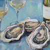 A painting of fresh oysters served on ice next to a glass of white wine.