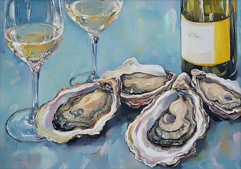 A painting of fresh oysters served on ice next to a glass of white wine.