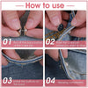 Four steps showing how to use pearl and rhinestone no-sew buttons on clothing
