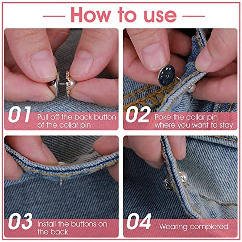 Four steps showing how to use pearl and rhinestone no-sew buttons on clothing