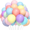 A bunch of pastel macaron balloons in assorted rainbow colors floating against a white background.