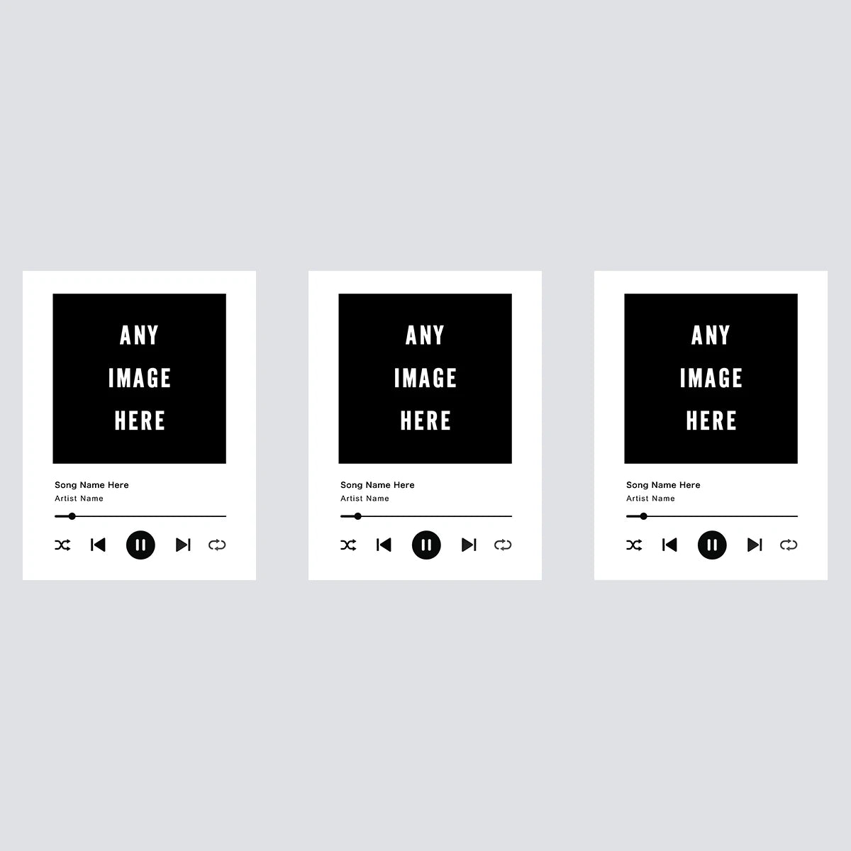 Three blank rectangular canvases for personalized song lyric posters, each featuring 'Any Image Here' text and audio controls
