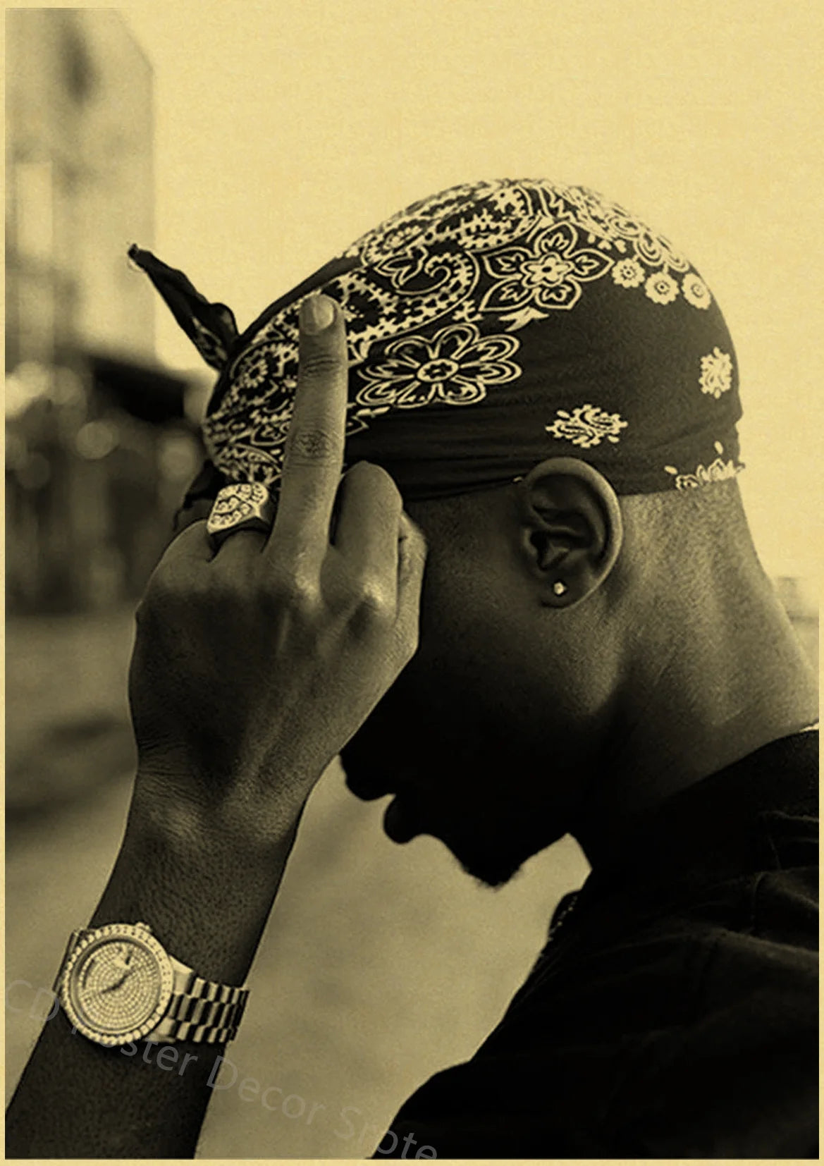 A close-up photo of a person's hand adjusting a bandana while wearing a wristwatch.