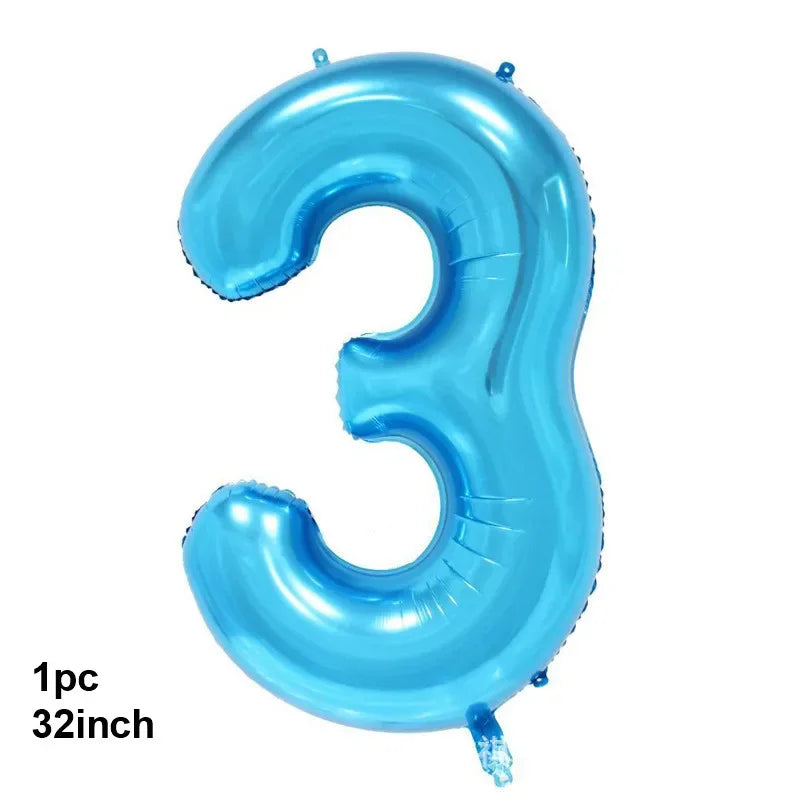 A single light blue latex balloon shaped like the number three.