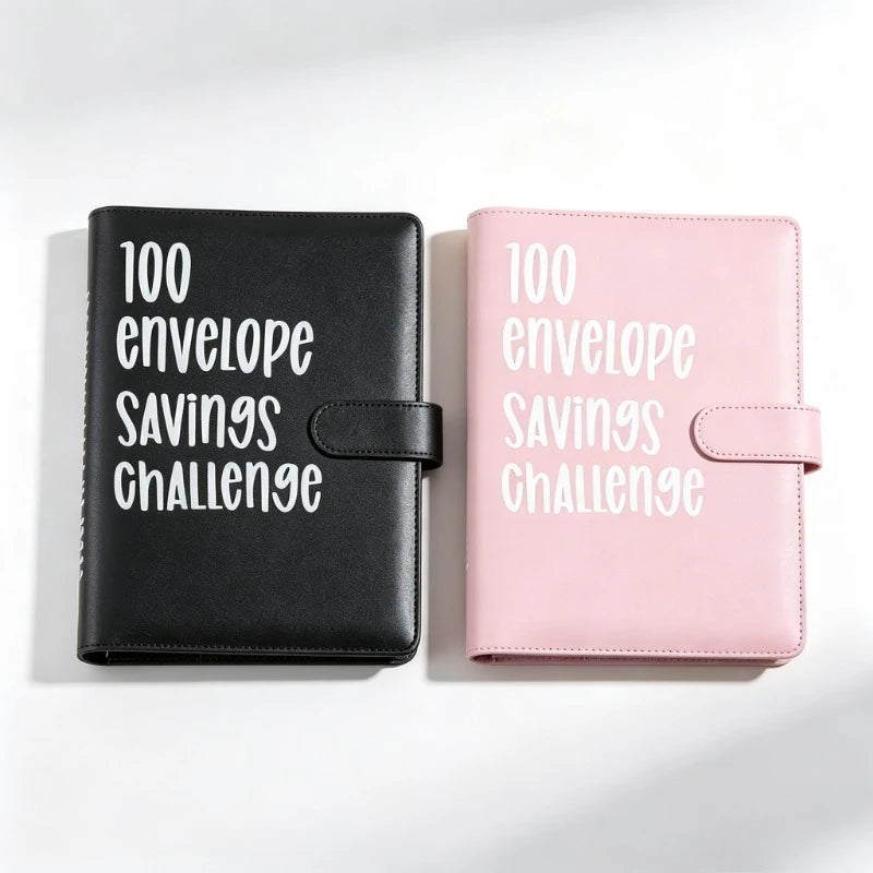 A pair of leather envelopes, one black and one pink, labeled with the text 100 envelope savings challenge.