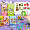 A set of magnetic letter and number toys including puzzles, animals, and vehicles displayed on a white board.