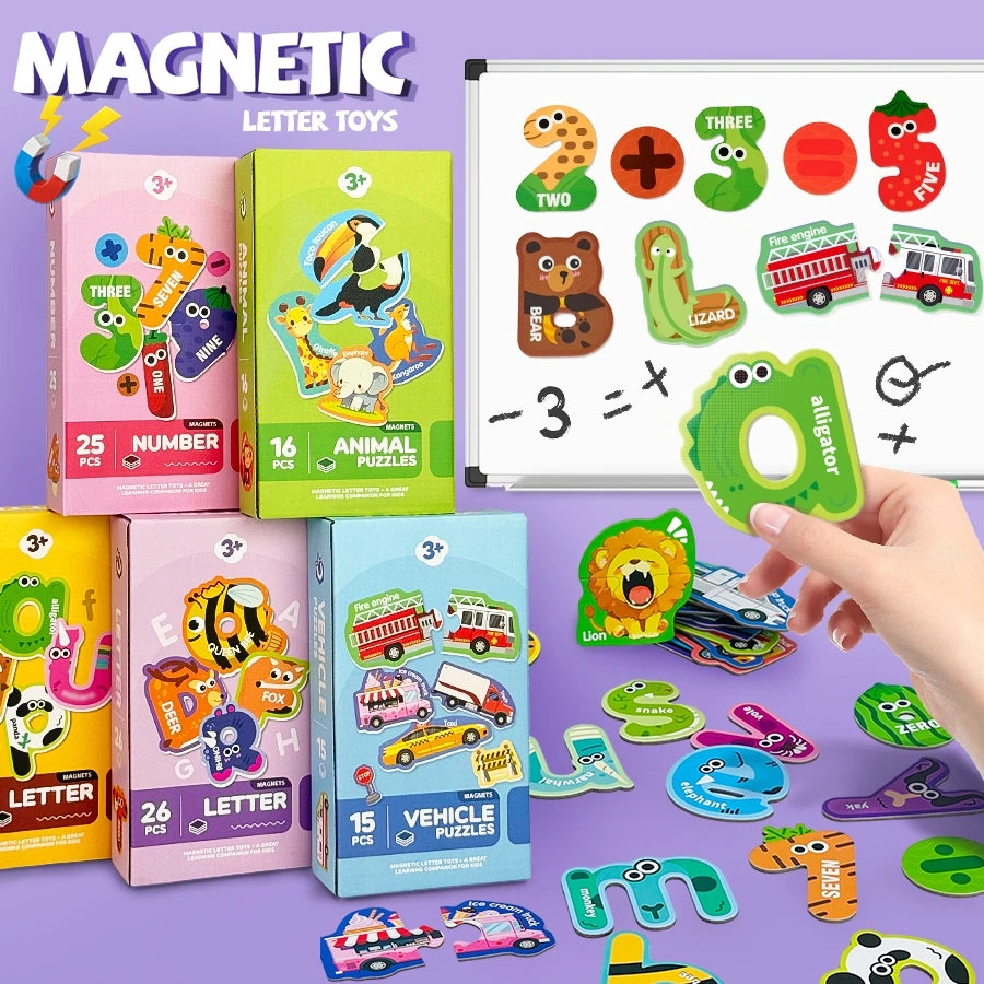 A set of magnetic letter and number toys including puzzles, animals, and vehicles displayed on a white board.