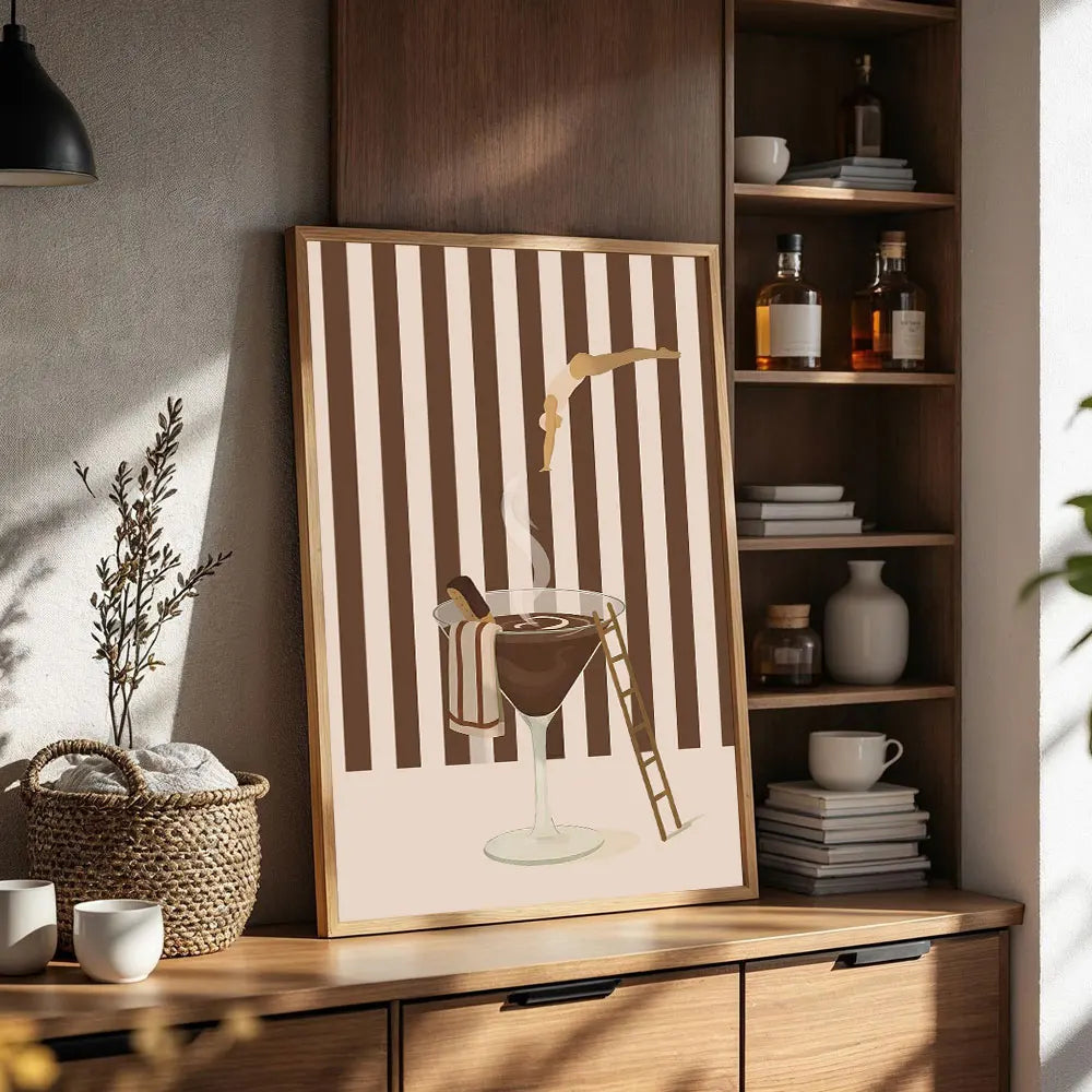 Abstract coffee wall art canvas print featuring vertical brown and beige stripes with a glass of iced coffee