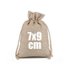 A natural burlap drawstring bag with the measurement 7x9 cm.