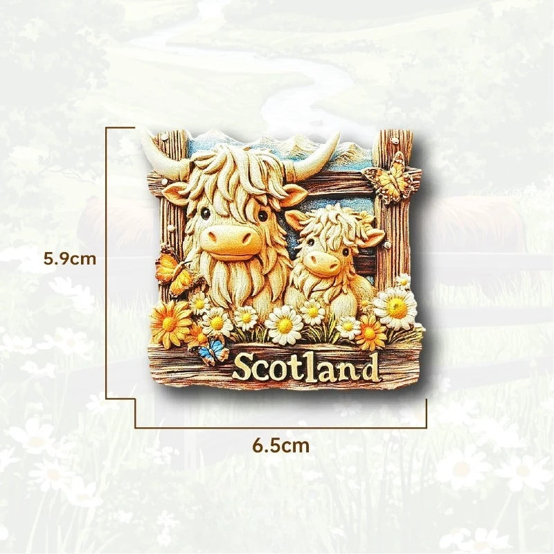 A wooden magnet featuring a 3D illustration of a shaggy Scottish Highland cow surrounded by flowers and the word Scotland.
