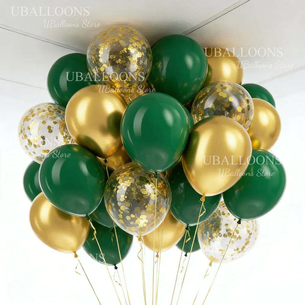 A cluster of chrome gold and dark green balloons is displayed against a white background.